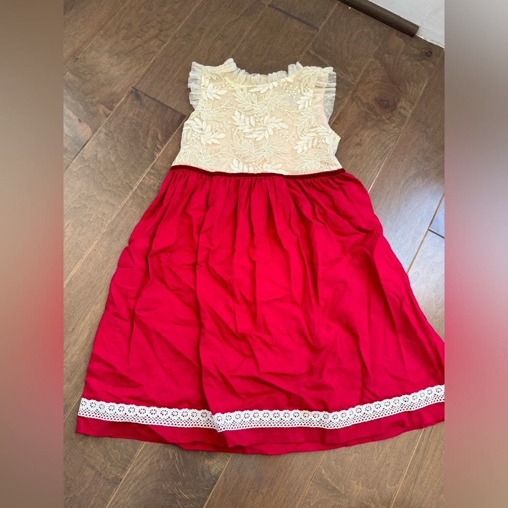 ELESTORY HOLLY DRESS (GIRLS) - CRIMSON Red & Cream Holiday Christmas Size 6-7